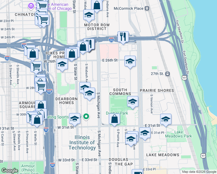 map of restaurants, bars, coffee shops, grocery stores, and more near 2861 South Indiana Avenue in Chicago