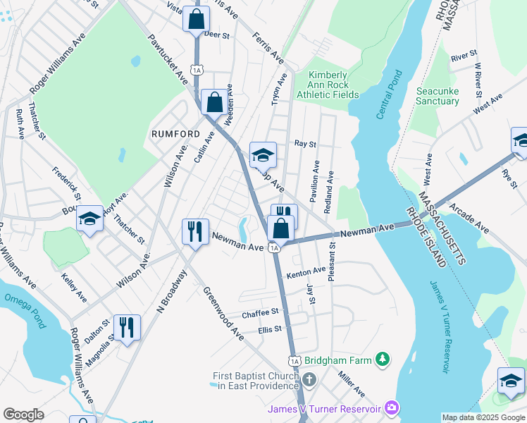 map of restaurants, bars, coffee shops, grocery stores, and more near 1140 Pawtucket Avenue in East Providence