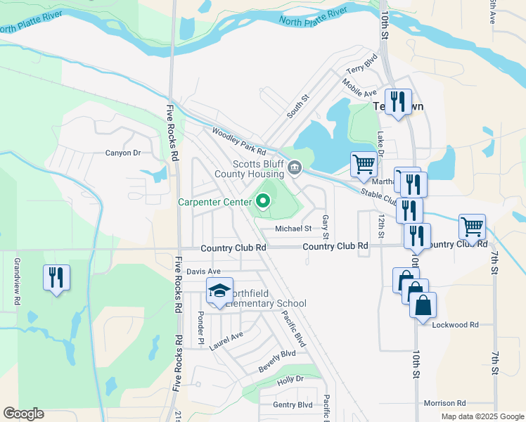 map of restaurants, bars, coffee shops, grocery stores, and more near 116 Terry Boulevard in Gering