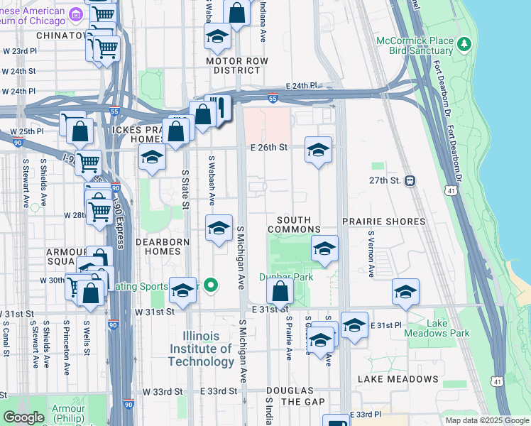 map of restaurants, bars, coffee shops, grocery stores, and more near South Indiana Avenue in Chicago