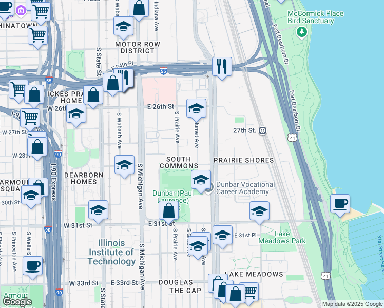 map of restaurants, bars, coffee shops, grocery stores, and more near 2822 South Calumet Avenue in Chicago