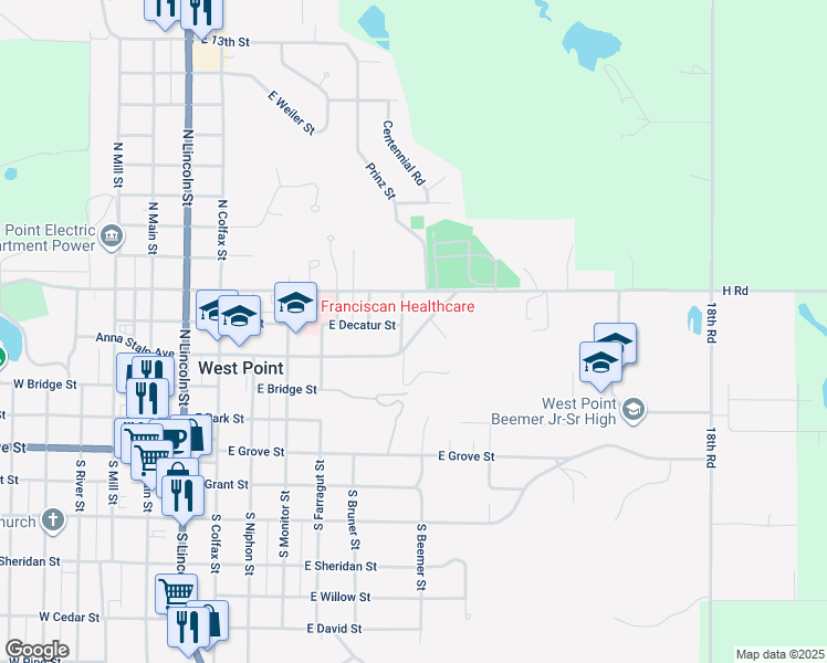 map of restaurants, bars, coffee shops, grocery stores, and more near 960 Prospect Road in West Point