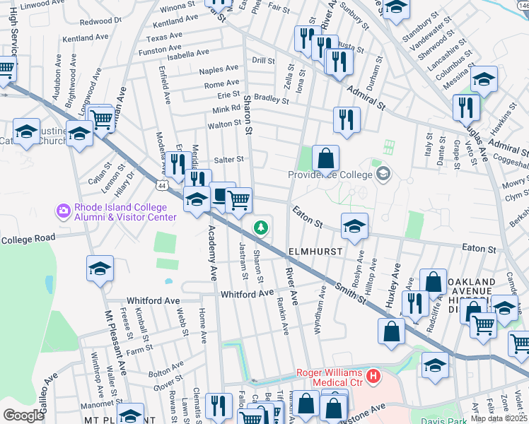 map of restaurants, bars, coffee shops, grocery stores, and more near 12 April Court in Providence