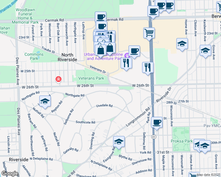 map of restaurants, bars, coffee shops, grocery stores, and more near 526 Selborne Road in Riverside