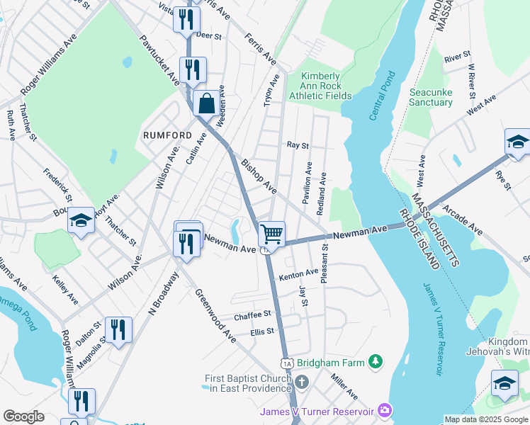 map of restaurants, bars, coffee shops, grocery stores, and more near 6 David Street in East Providence