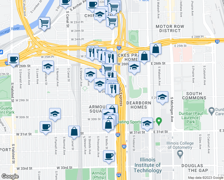 map of restaurants, bars, coffee shops, grocery stores, and more near 2738 South Wentworth Avenue in Chicago