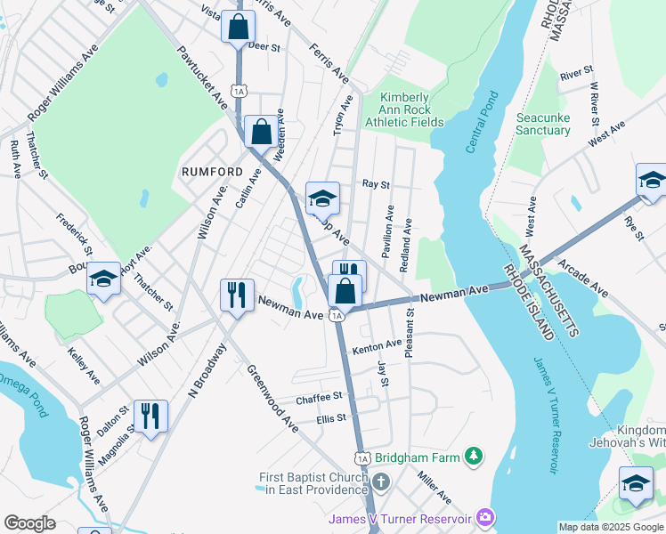 map of restaurants, bars, coffee shops, grocery stores, and more near 1140 Pawtucket Avenue in East Providence