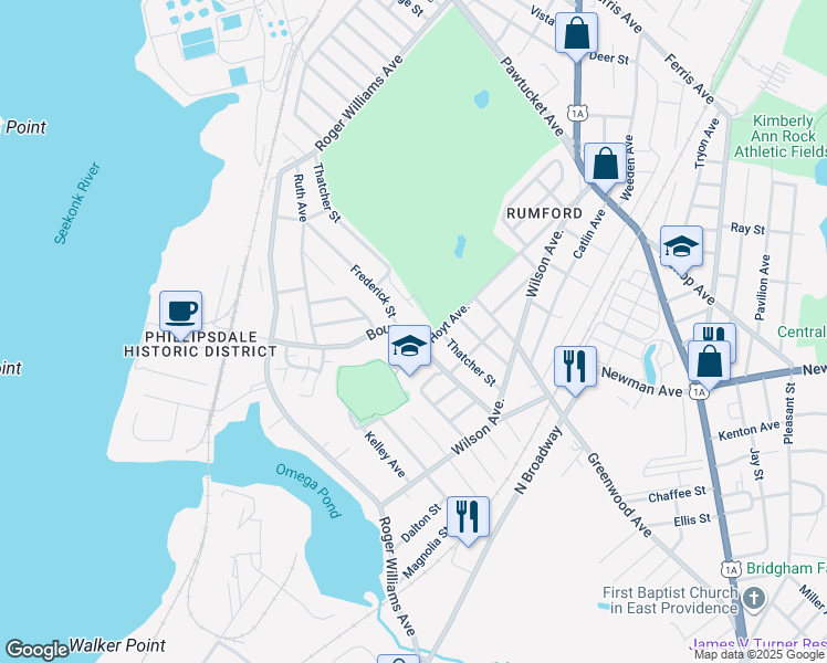 map of restaurants, bars, coffee shops, grocery stores, and more near 130 Bourne Avenue in East Providence