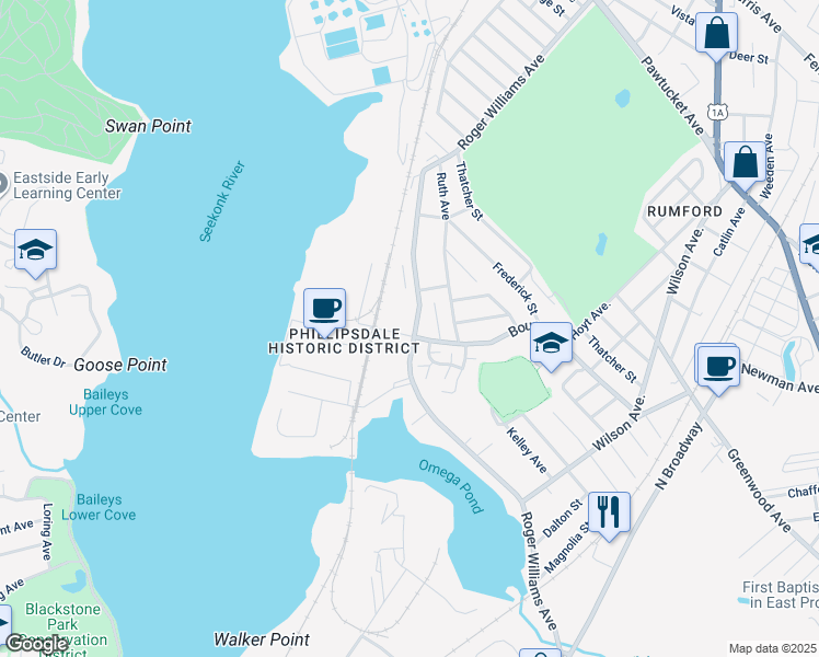 map of restaurants, bars, coffee shops, grocery stores, and more near in East Providence