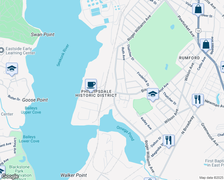 map of restaurants, bars, coffee shops, grocery stores, and more near in East Providence
