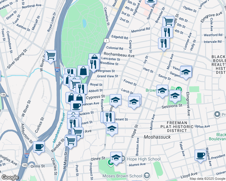 map of restaurants, bars, coffee shops, grocery stores, and more near 152 Camp Street in Providence