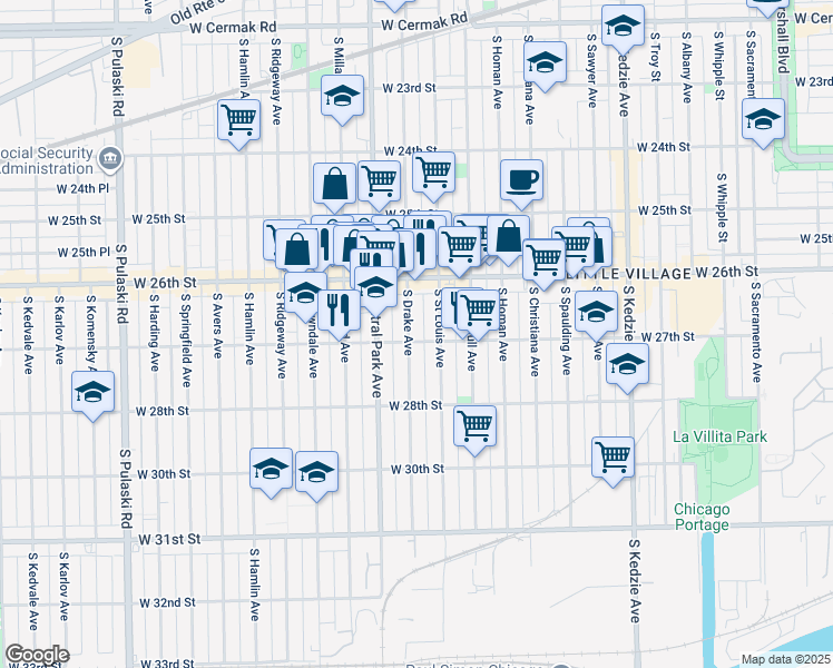 map of restaurants, bars, coffee shops, grocery stores, and more near 2700 South Saint Louis Avenue in Chicago