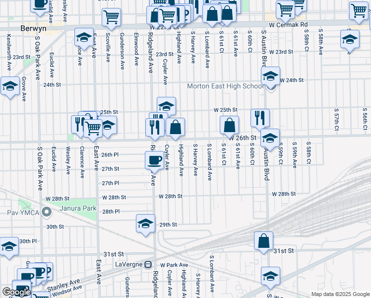 map of restaurants, bars, coffee shops, grocery stores, and more near 2624 South Harvey Avenue in Berwyn