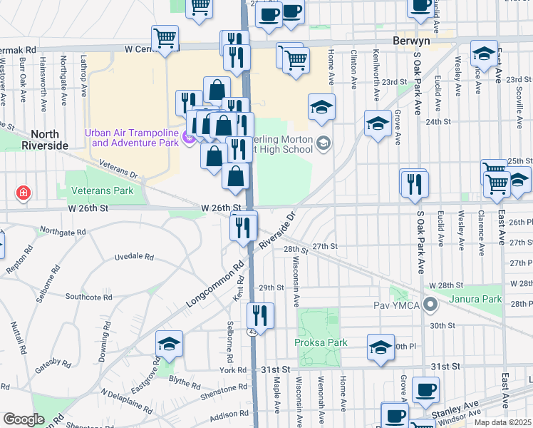 map of restaurants, bars, coffee shops, grocery stores, and more near 2609 South Harlem Avenue in Berwyn