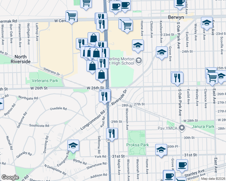 map of restaurants, bars, coffee shops, grocery stores, and more near 2609 South Harlem Avenue in Berwyn