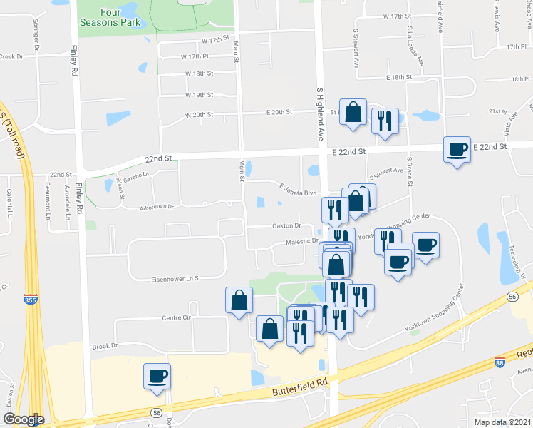 map of restaurants, bars, coffee shops, grocery stores, and more near 34 Oakton Drive in Lombard