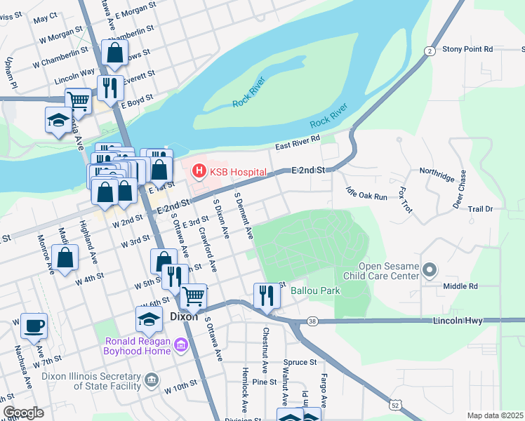 map of restaurants, bars, coffee shops, grocery stores, and more near 324 South Jefferson Avenue in Dixon