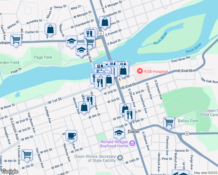 map of restaurants, bars, coffee shops, grocery stores, and more near in Dixon
