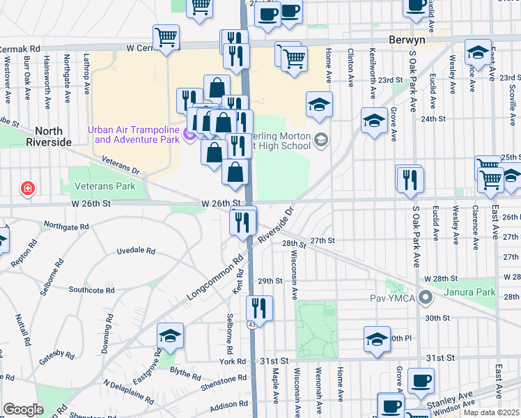 map of restaurants, bars, coffee shops, grocery stores, and more near 2609 South Harlem Avenue in Berwyn