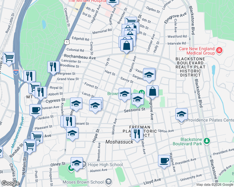 map of restaurants, bars, coffee shops, grocery stores, and more near 312 Morris Avenue in Providence