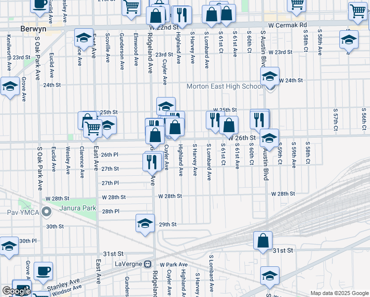 map of restaurants, bars, coffee shops, grocery stores, and more near 2624 South Harvey Avenue in Berwyn