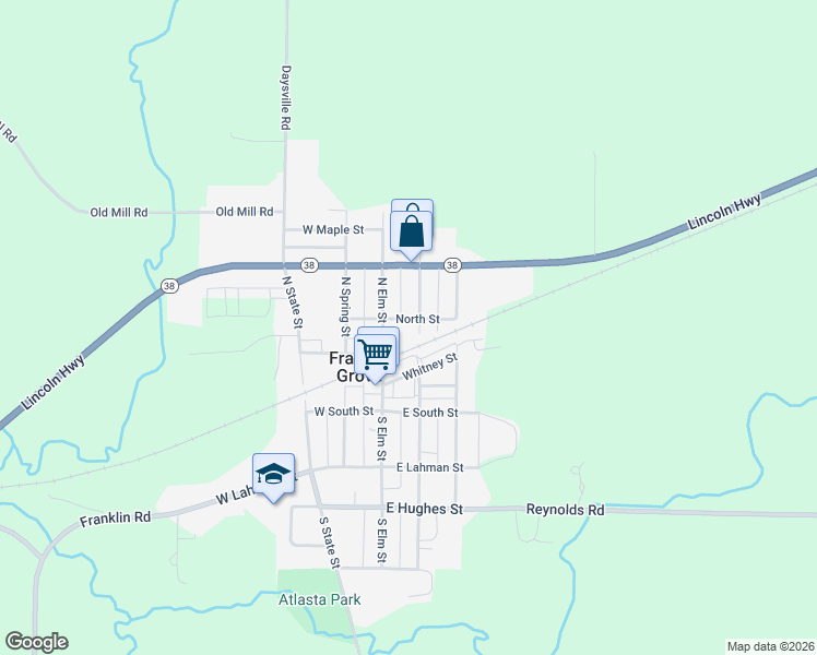 map of restaurants, bars, coffee shops, grocery stores, and more near 202 North Walnut Street in Franklin Grove