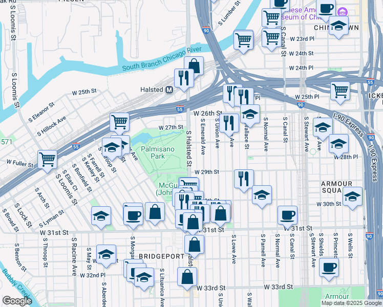 map of restaurants, bars, coffee shops, grocery stores, and more near 2825 South Halsted Street in Chicago
