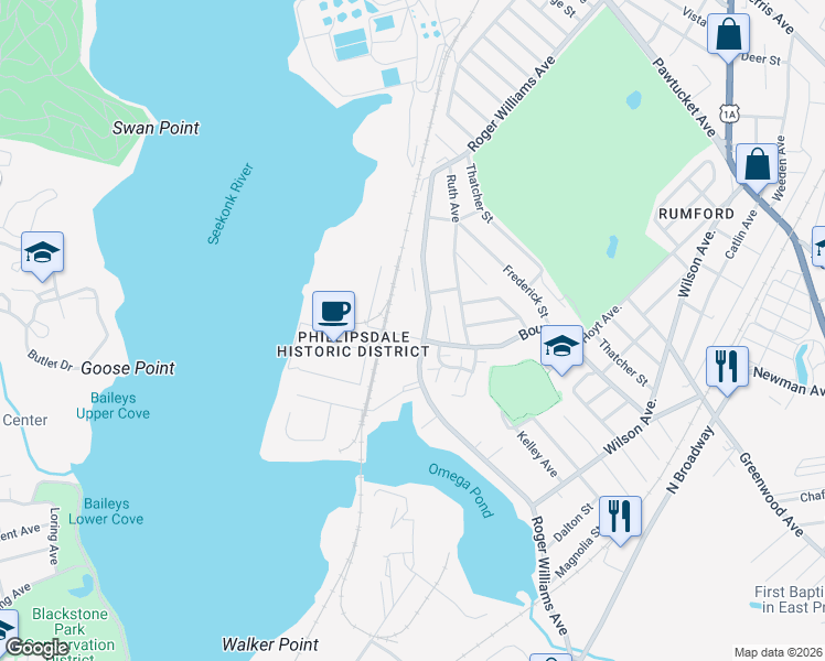 map of restaurants, bars, coffee shops, grocery stores, and more near in East Providence
