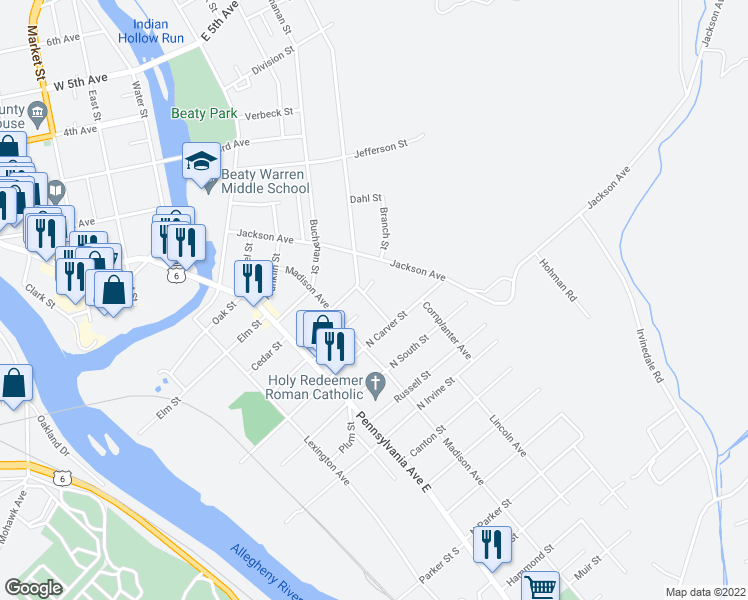 map of restaurants, bars, coffee shops, grocery stores, and more near 14-14 1/2 Hinkle St in Warren