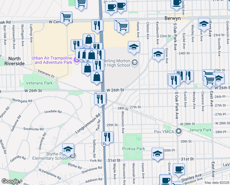 map of restaurants, bars, coffee shops, grocery stores, and more near 7108 Riverside Drive in Berwyn