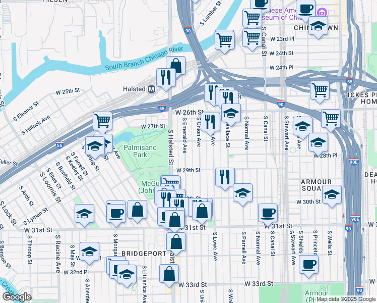 map of restaurants, bars, coffee shops, grocery stores, and more near 2835 South Emerald Avenue in Chicago