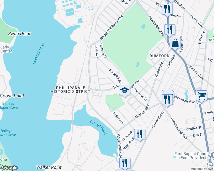 map of restaurants, bars, coffee shops, grocery stores, and more near 177 Bourne Avenue in East Providence