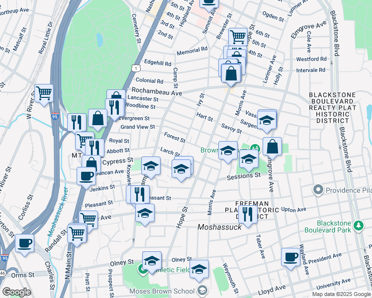map of restaurants, bars, coffee shops, grocery stores, and more near 64 Larch Street in Providence