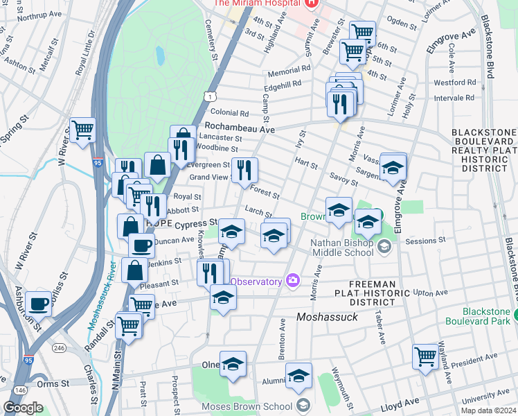 map of restaurants, bars, coffee shops, grocery stores, and more near 30 Larch Street in Providence