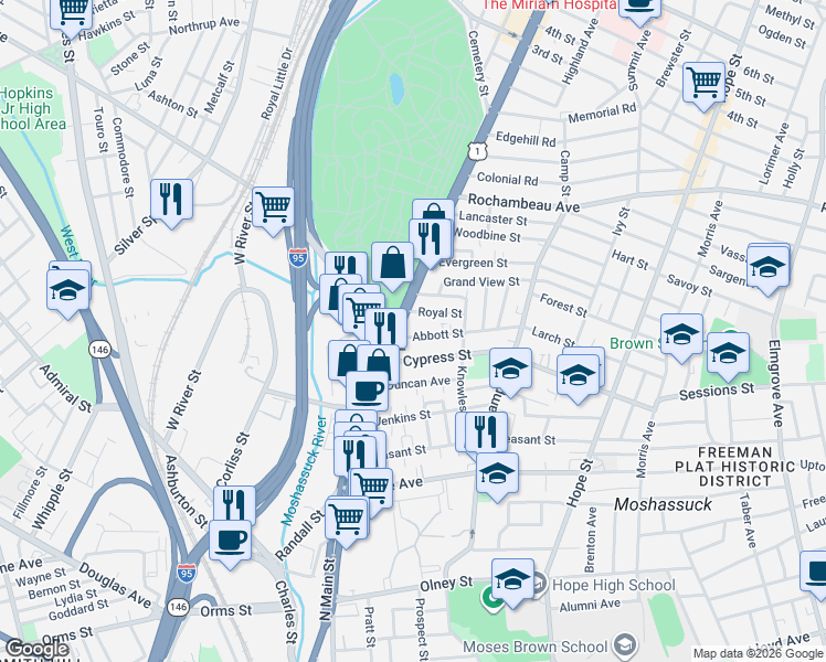 map of restaurants, bars, coffee shops, grocery stores, and more near 55 Abbott Street in Providence