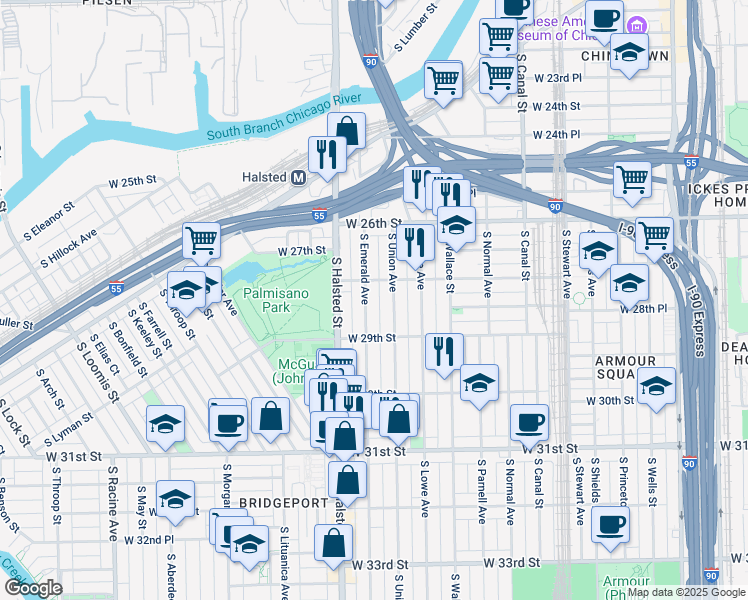 map of restaurants, bars, coffee shops, grocery stores, and more near 2835 South Emerald Avenue in Chicago