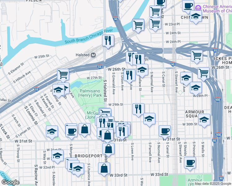 map of restaurants, bars, coffee shops, grocery stores, and more near 2835 South Emerald Avenue in Chicago
