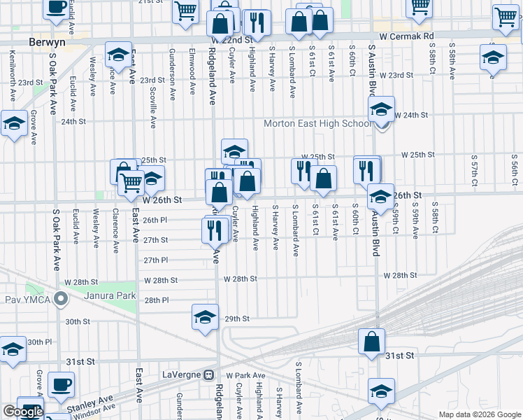 map of restaurants, bars, coffee shops, grocery stores, and more near 2624 South Harvey Avenue in Berwyn