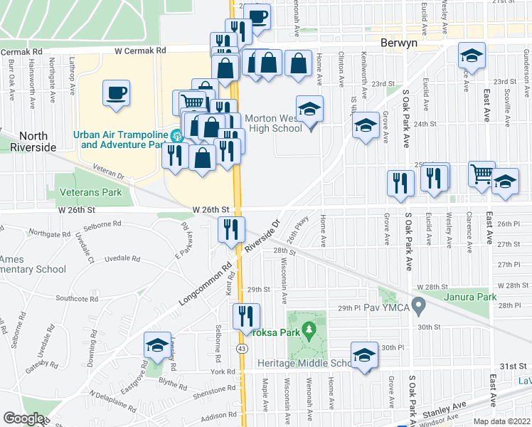 map of restaurants, bars, coffee shops, grocery stores, and more near 7108 Riverside Drive in Berwyn