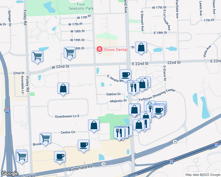 map of restaurants, bars, coffee shops, grocery stores, and more near 94 Oakton Drive in Lombard