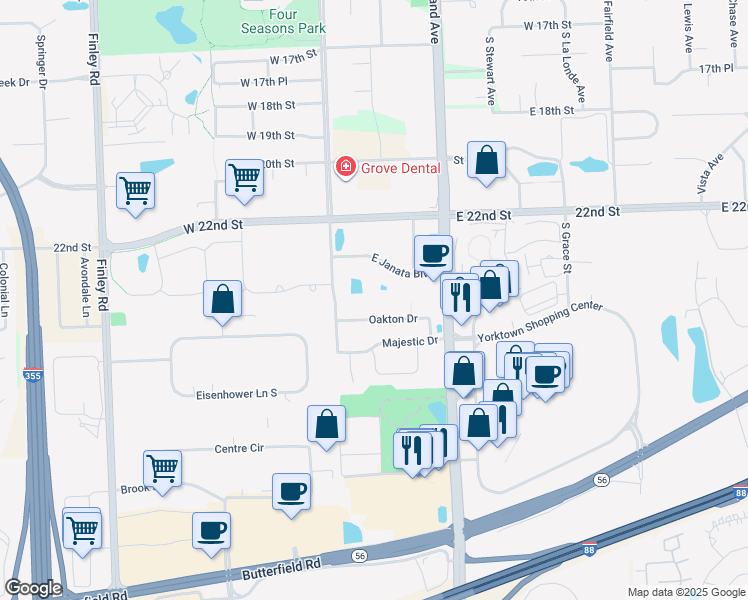 map of restaurants, bars, coffee shops, grocery stores, and more near 94 Oakton Drive in Lombard