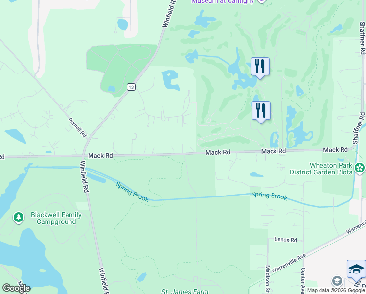 map of restaurants, bars, coffee shops, grocery stores, and more near 27W651 Mack Road in Wheaton