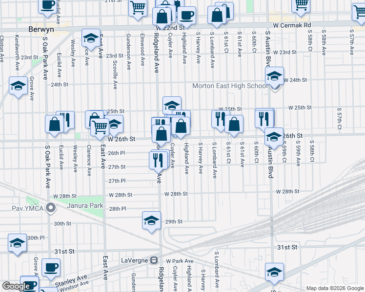 map of restaurants, bars, coffee shops, grocery stores, and more near 2621 Cuyler Avenue in Berwyn