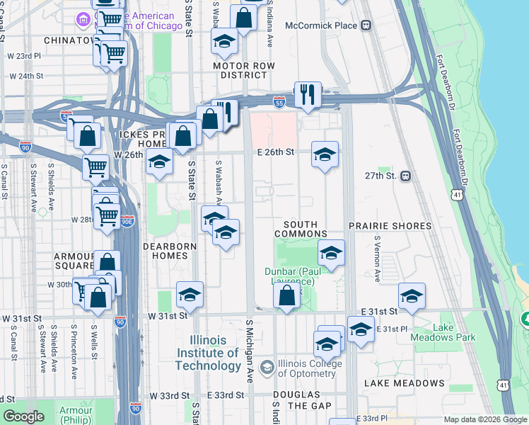 map of restaurants, bars, coffee shops, grocery stores, and more near 3000 Michigan Avenue in Chicago