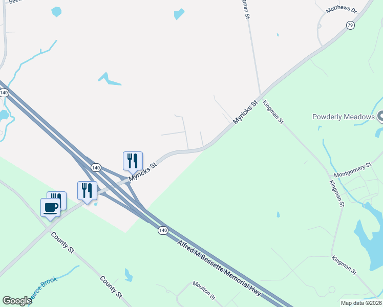 map of restaurants, bars, coffee shops, grocery stores, and more near 243 Myricks Street in Taunton