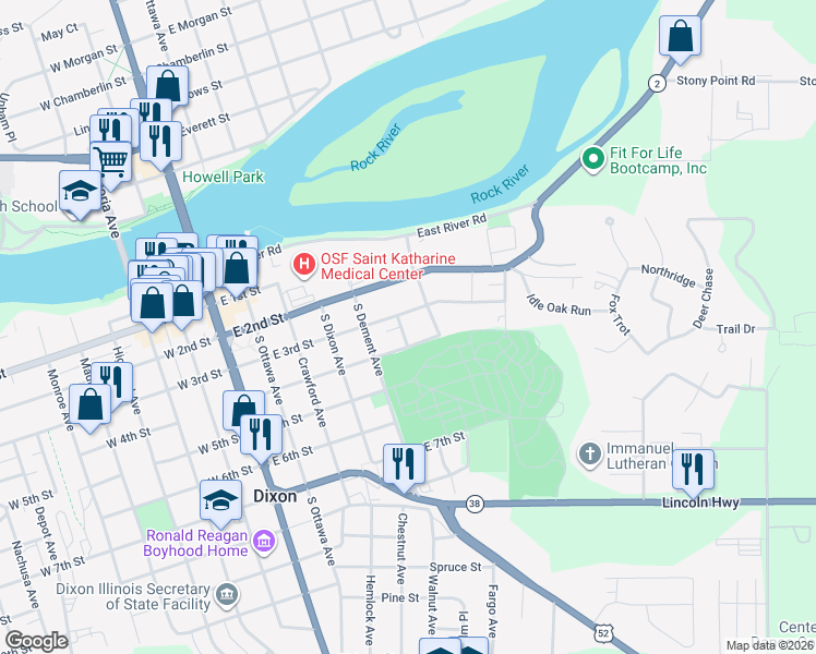 map of restaurants, bars, coffee shops, grocery stores, and more near 324 South Jefferson Avenue in Dixon