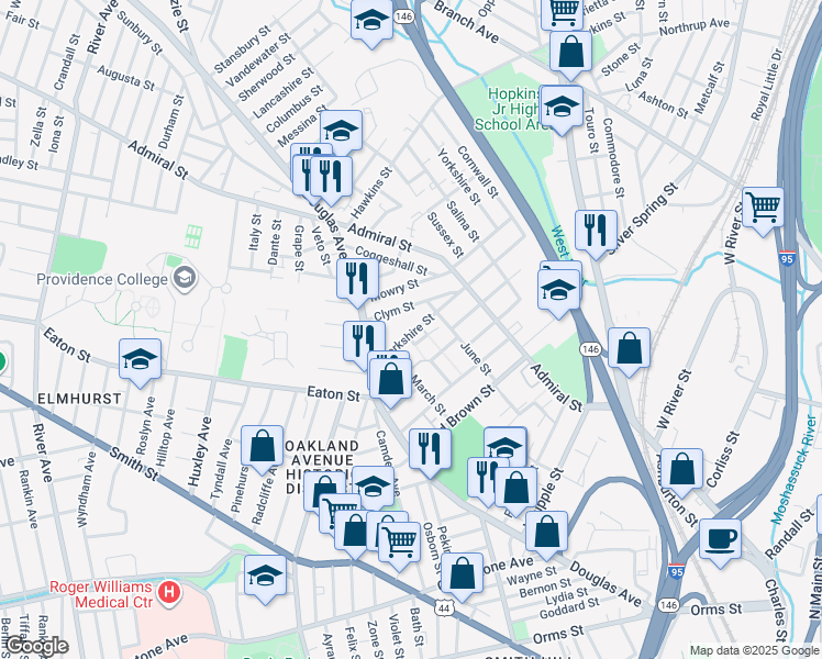 map of restaurants, bars, coffee shops, grocery stores, and more near 52 Berkshire Street in Providence