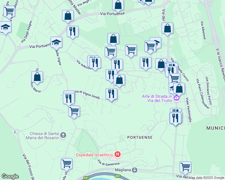 map of restaurants, bars, coffee shops, grocery stores, and more near 101 Via Castiglione della Pescaia in Roma