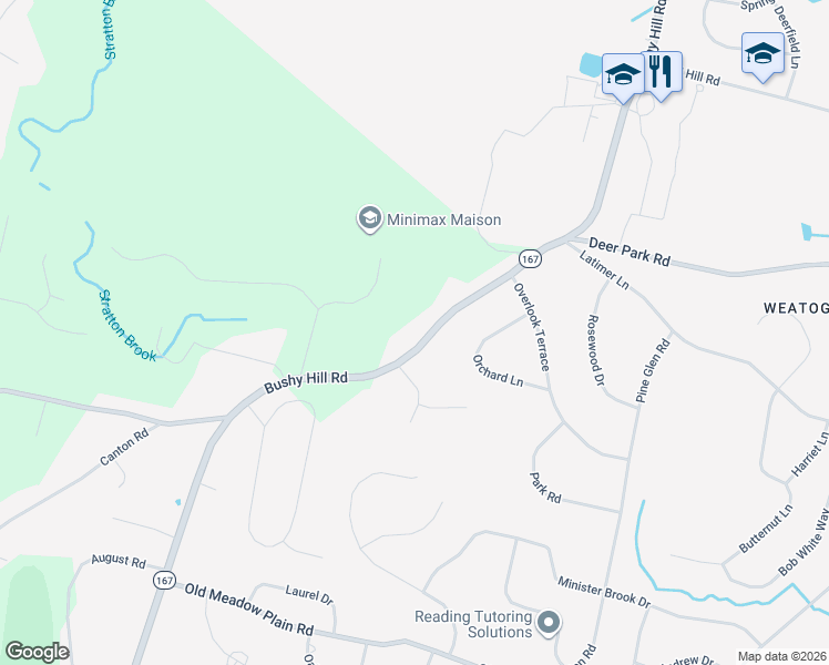 map of restaurants, bars, coffee shops, grocery stores, and more near 304 Bushy Hill Road in Simsbury