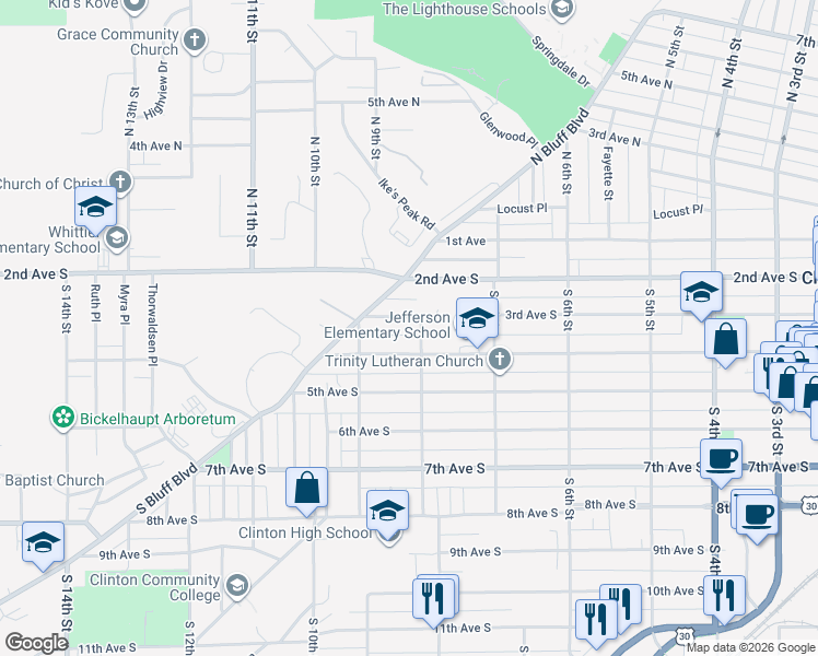 map of restaurants, bars, coffee shops, grocery stores, and more near 814 4th Avenue South in Clinton